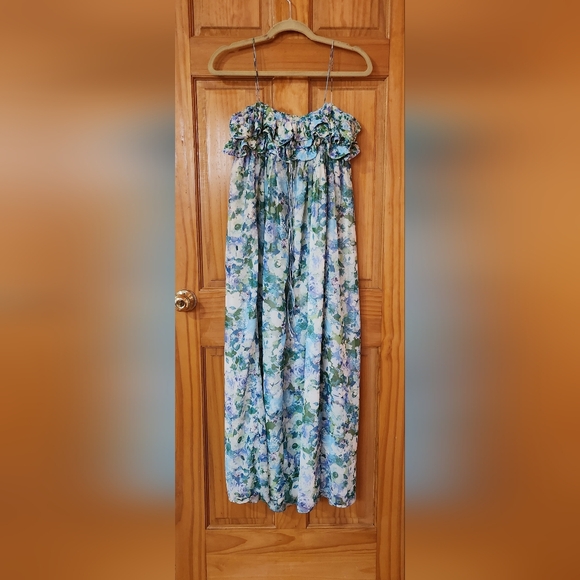 MANGO Mng Sky Blue Green Empire Floral Ruffled Maxi Midi Dress Size US 4 - Picture 5 of 10
